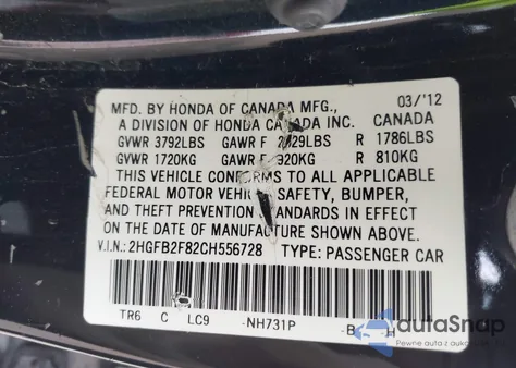 2012 Honda Civic Ex from USA, damaged, VIN 2HGFB2F82CH556728